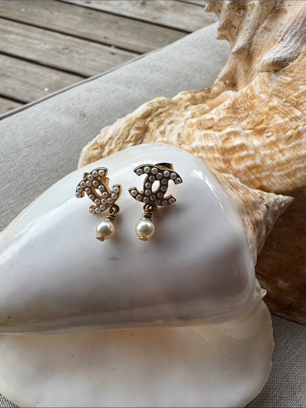 Classic Chanel Pearl Drop CC Logo Earrings - Gold and Pearl Pierced